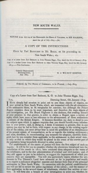 REPORT OF THE COMMISSIONER OF INQUIRY (1) , ON THE STATE OF AGRICULTURE AND TRADE IN THE COLONY OF NEW SOUTH WALES. Ordered by The House of Commons to be Printed 13 March 1823.